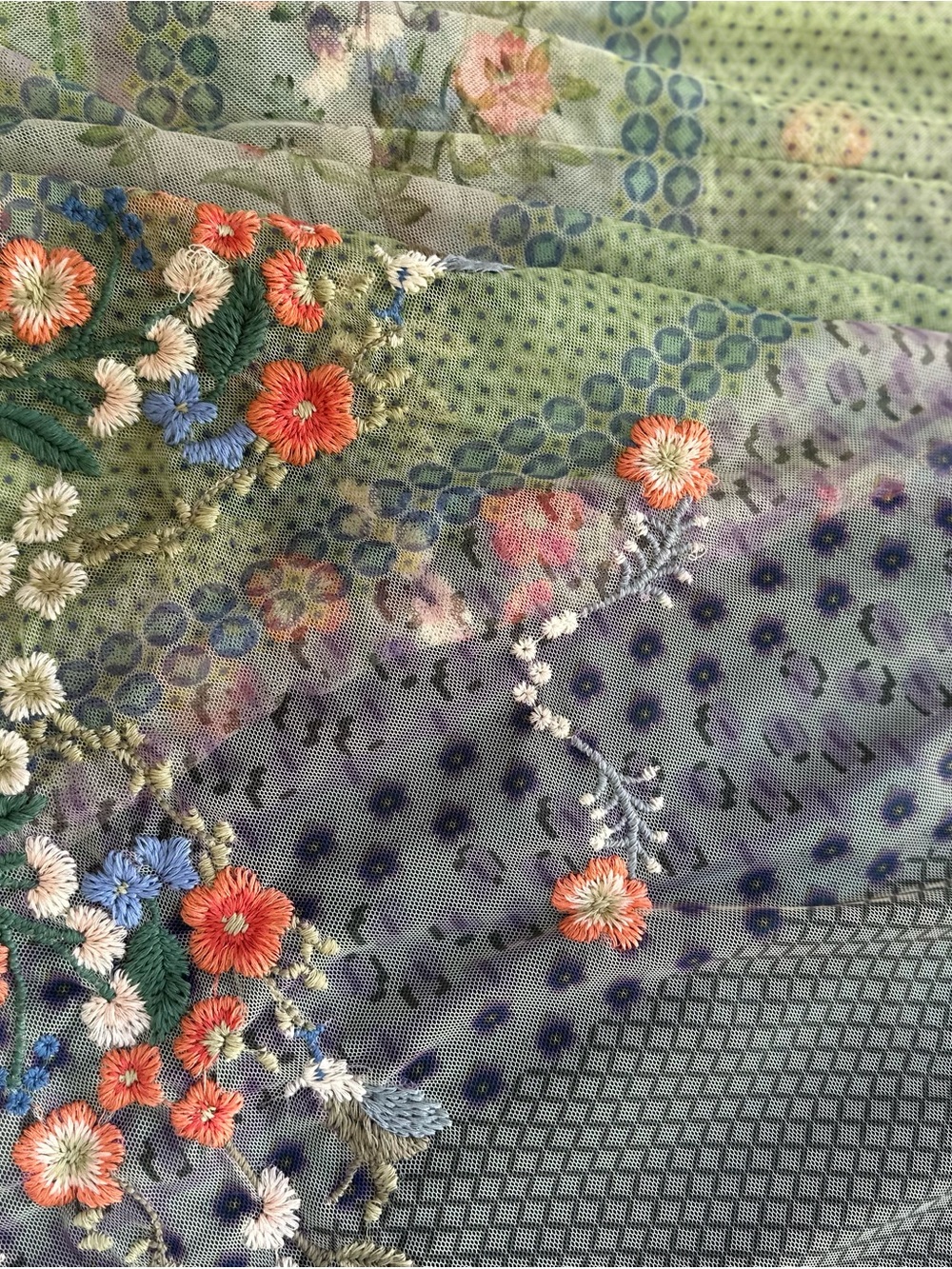Johnny Was Sheer Floral Embroidered Top in Coral, Blue and Green - Picture 2 of 11